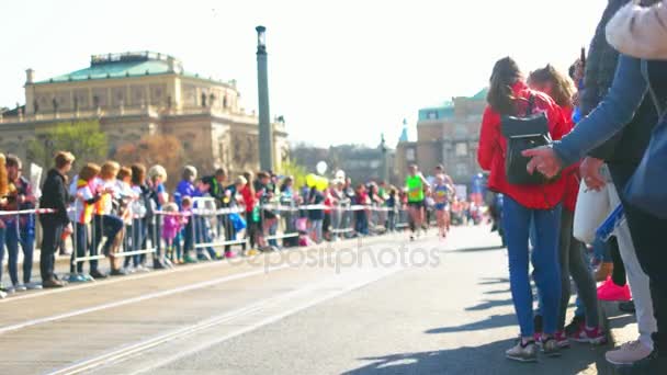 Prag Tjeckien April 17 2017: Sportisimo halv maraton lopp, människor tittar på löpare upp Stäng — Stockvideo