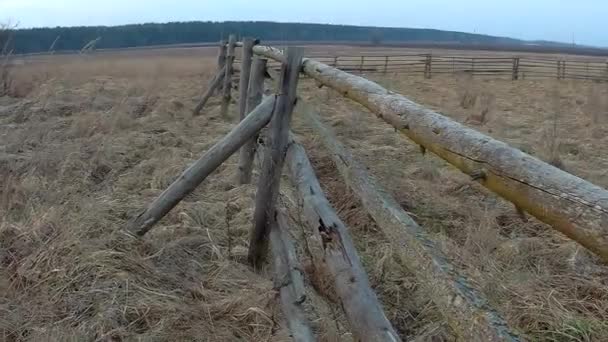 Старый забор в поле ранней весной — стоковое видео