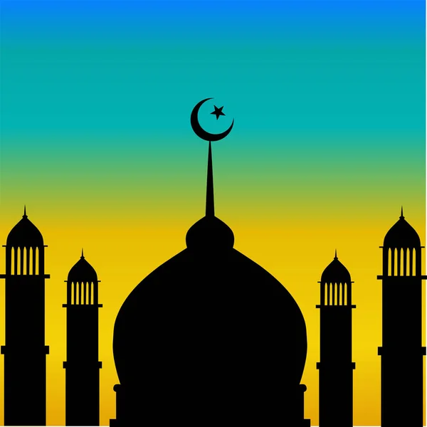 Cúpula de mesquita e silhueta de minarete com lua durante o pôr do sol — Vetor de Stock