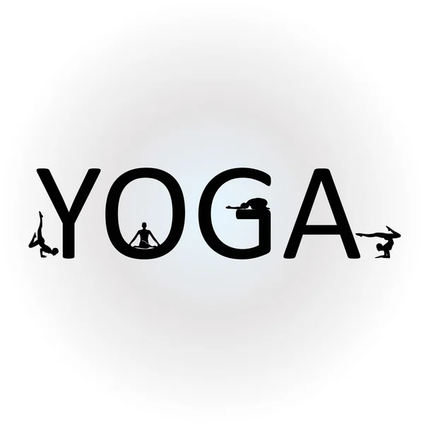 Yoga de texto com diferentes poses de ioga — Vetor de Stock