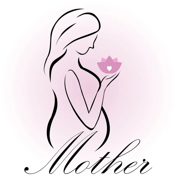Madre embarazada sosteniendo una flor de loto rosa mamá para ser — Vector de stock
