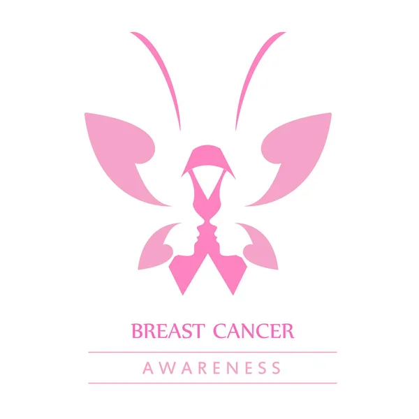 Pita merah muda dengan wajah perempuan dan kupu-kupu untuk melambangkan kesadaran kanker payudara bulan Oktober - Stok Vektor