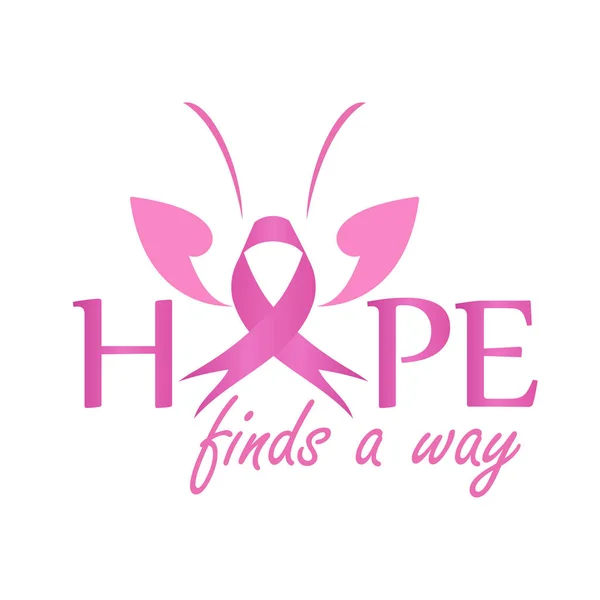 Hope encuentra un camino- Cinta rosa con mariposa para simbolizar la conciencia del cáncer de mama. Cartel para empoderar a las mujeres que sufren de cáncer de mama — Vector de stock