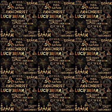 Wiccan symbols and sigils in gold on black background clipart