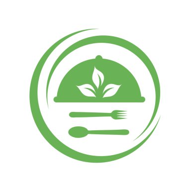Kafe ya da restoran organik gıda logosu sunuyor. Avrupa Vejetaryen Birliği 'nin sembolik vejetaryen dostu diyetini simgeleyen yapraklar.