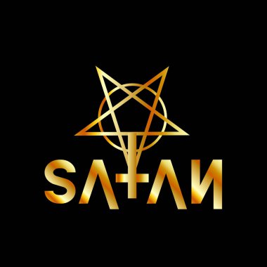 Beş köşeli yıldız ve okült sembollü Deccal alıntısı. T harfi altın.