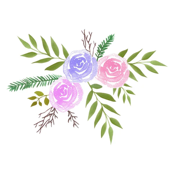 Букет Акварельных Роз Розовыми Розами Папоротниками — стоковое фото