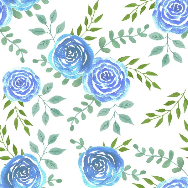 Синие Акварельные Розы Бесшовный Фон — стоковое фото