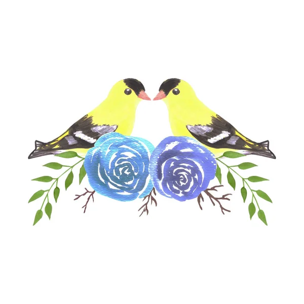 美式金翅雀夫妇在玫瑰花丛上 无缝的花朵和黄色的小鸟 — 图库矢量图片