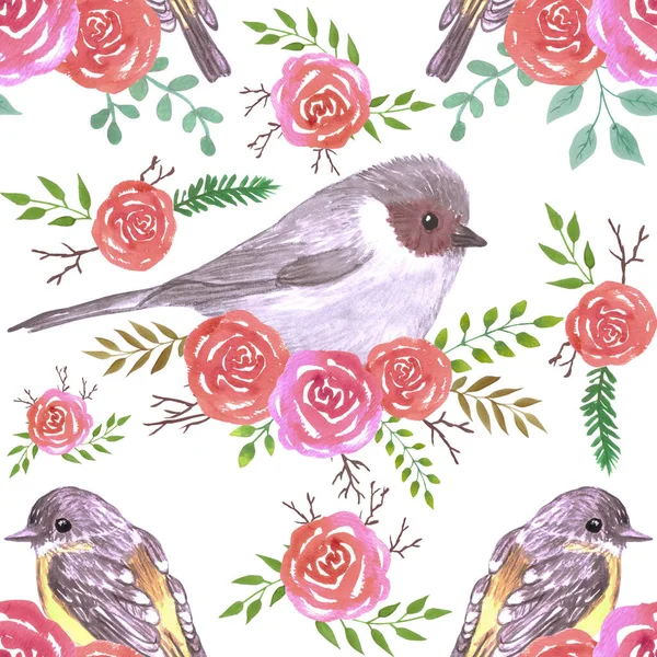 Bushtit Petirrojos Rosas Perennes Pintura Fondo Acuarela Sin Costuras — Archivo Imágenes Vectoriales