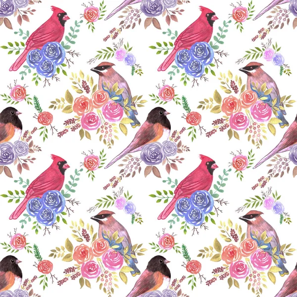Kardinaler Juncos Och Vaxvingar Ros Blommor Sömlösa Fåglar Akvarell Bakgrund — Stock vektor