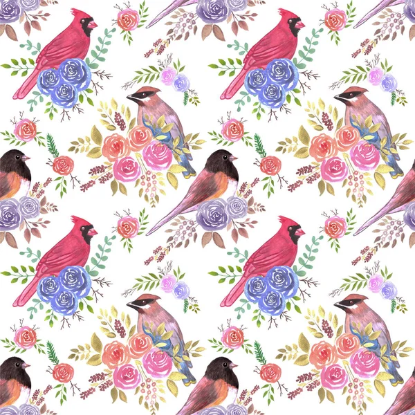 Cardenales Juncos Alas Cera Flores Rosas Aves Sin Costura Acuarela — Vector de stock