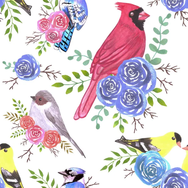 Cardenales Bushtits Jays Azules Jilgueros Dorados Flores Rosas — Archivo Imágenes Vectoriales