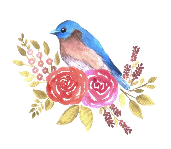 Oiseau Bleu Est Sialia Sialis Oiseau Sur Roses Rouges Feuilles — Image vectorielle