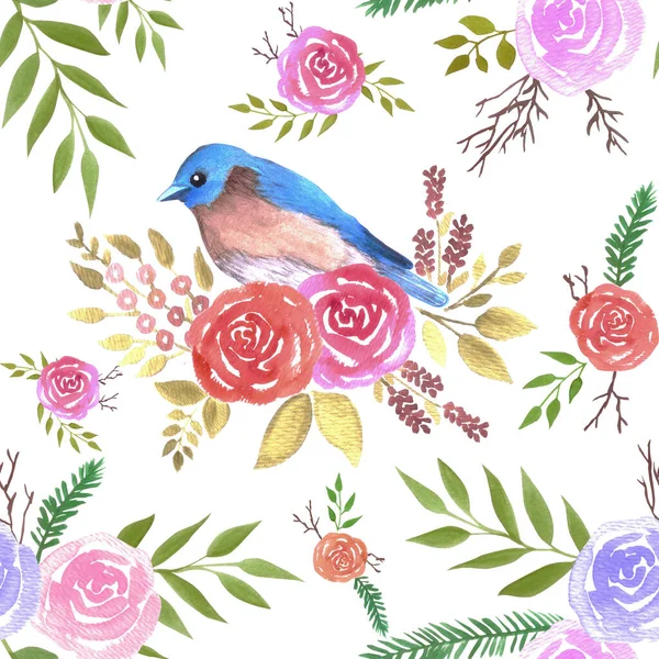 Ανατολική Bluebird Sialia Sialis Αδιάλειπτη Μοτίβο Τριαντάφυλλο Ακουαρέλα Φόντο — Διανυσματικό Αρχείο