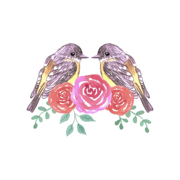 Aves Románticas Robins Amarillos Marco Floral — Vector de stock