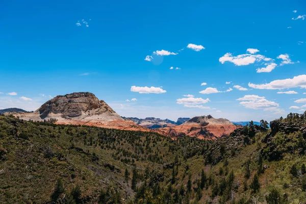 Paisaje raro de Ángel Guardián del Sur desde la cima. Hoodoo y árboles, Parque Nacional Zion - Imagen. Cielo azul, colores brillantes . — Foto de Stock