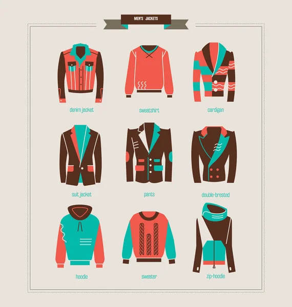 Férfi kabátok, pulóverek és kapucnis vektoros illusztráció — Stock Vector