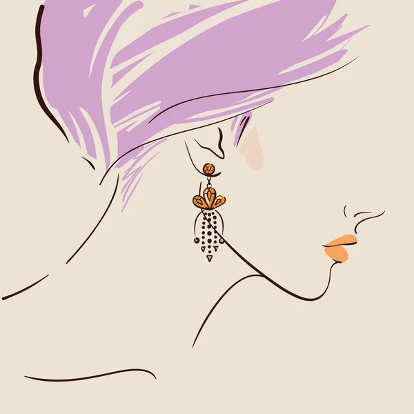 Wanita cantik memakai anting-anting - Stok Vektor