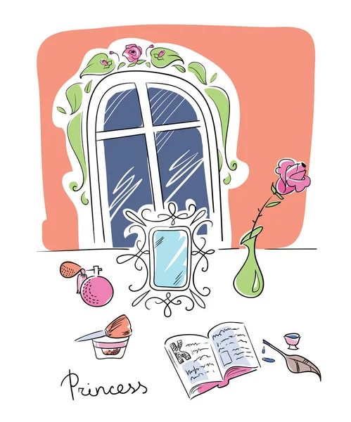 Tisch einer Frau mit herumliegenden Dingen: Spiegel, Blume, Parfüm, Tagebuch — Stockvektor