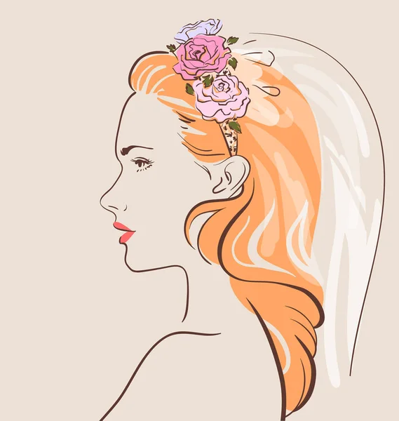 Beautiful woman in veil with a stylish hair do. — Stock Vector