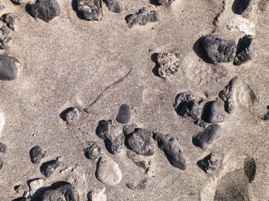 Arka planda siyah kayalar var. Çöl toprağı, toprak, taşlar ve toz. Doğa kavramı, kopyalama alanı