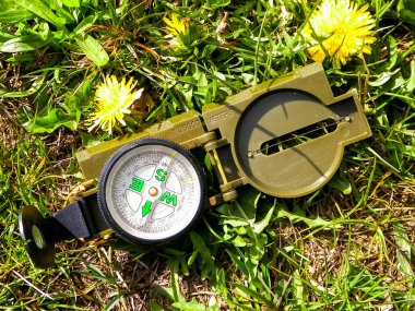 Çimlerde pusula - seyahat, keşif ve seyrüsefer kavramı.