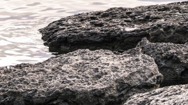 Ochrid Gölü kıyısındaki taşlar doğa arka planı olarak kullanılıyor. Doğa ve seyahat kavramı.