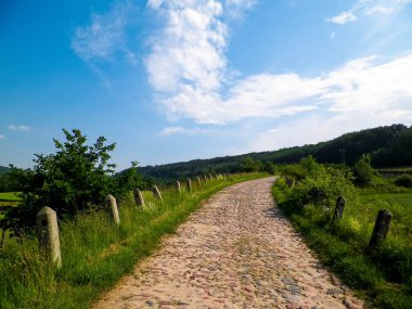 Wiezyca, Polonya 'daki tarlaların içinden. Kashubia doğası - Kuzey Polonya 'nın güzel bölgesi.