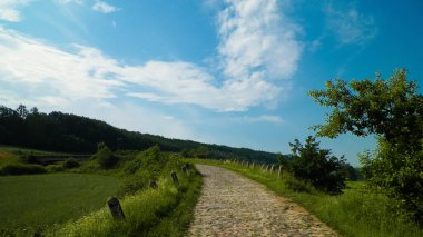 Wiezyca, Polonya 'daki tarlaların içinden. Kashubia doğası - Kuzey Polonya 'nın güzel bölgesi.