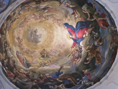 PISA, TUSCANY, ITALY, 21 Eylül 2019: Piazza del Duomo in Pisa. Primatial Metropolitan Katedrali 'ndeki Fresque. Pisa 'daki Piazza del Duomo dünyanın en iyi mimari komplekslerinden ve Avrupa' nın önemli merkezlerinden biridir.