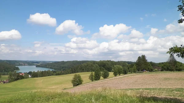 Vue Sur Les Collines Les Prairies Magnifique Lac Ostrzyckie Kashubia — Photo