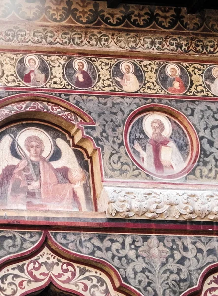Religious paintings in Stavropoleos monastery in Bucharest Romania. Religion art and history concept.
