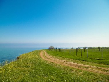 Karadeniz 'in kıyısındaki uçurumdan bak. Karadeniz 'in güzel şeffaf suyu, keşif ve doğa konsepti, Romanya ve Dobrogea bölgesi.