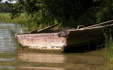 Wdzydzkie göl kıyısındaki tekne. Wdzydze Gölü kıyısında terk edilmiş eski bir tekne. Wdzydze Peyzaj Parkı, Kashubia bölgesi, Kuzey Polonya.