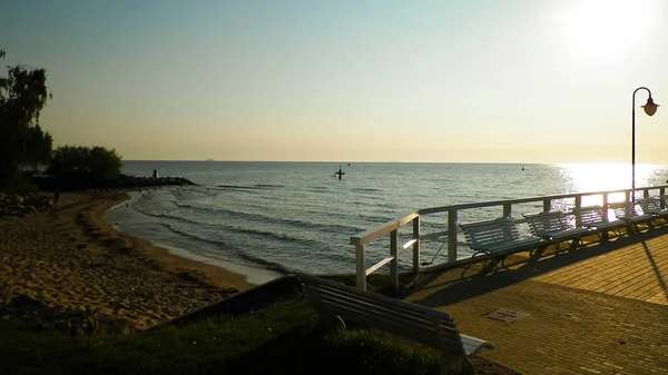 Matahari Terbit Atas Dermaga Gdynia Polandia Indah Cat Alam Laut — Stok Foto