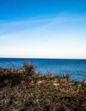Polonya, Mechelinki 'deki Cliff' ten Baltık Denizi. Doğa ve seyahat kavramı. Boşluğu mavi gökyüzünde kopyala.