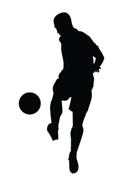 Futbol maçında topa vuran futbolcunun vektör çizimi, topa vurmak için erkek atlet eğitiminin silüeti