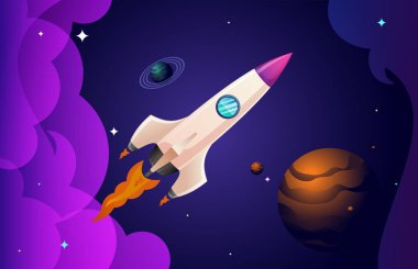 Uzay boşluğunda gezegenlerin yakınında uçan roket, düz çizim. Pankart, poster ve diğerleri için vektör arkaplanı.