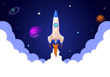 Uzayda gezegenlerle birlikte uzay roketi fırlatıldı. Vektör çizimi. Girişim işi