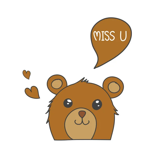Brown bear smile with speech bubble "Miss U" and brown heart vec — Stock Vector