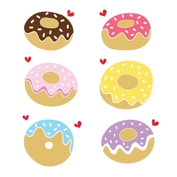 Lindo dulce donuts mano dibujado con rojo corazón conjunto vector — Archivo Imágenes Vectoriales