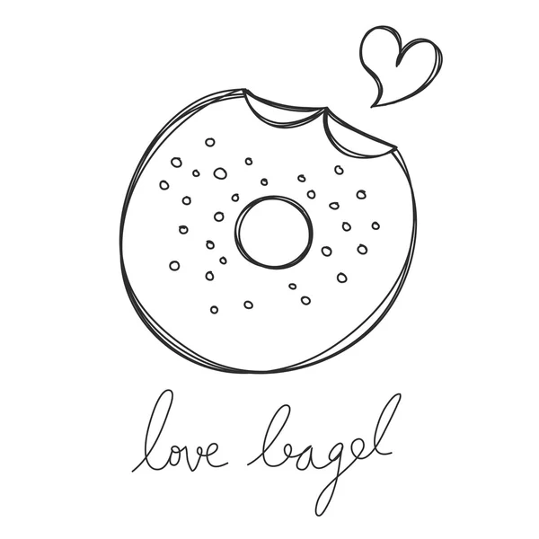 Bagel niedliche Hand mit Herz und Wort Liebe Bagel Vektor gezeichnet — Stockvektor