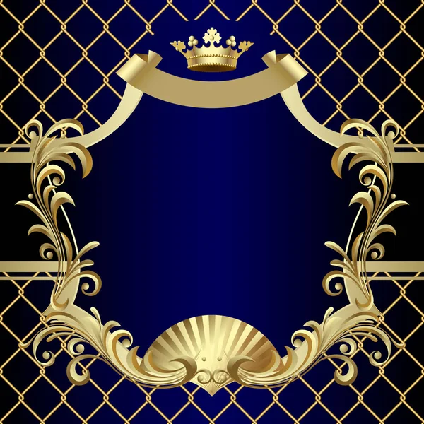 Banner de oro vintage con corona sobre fondo barroco azul oscuro — Vector de stock