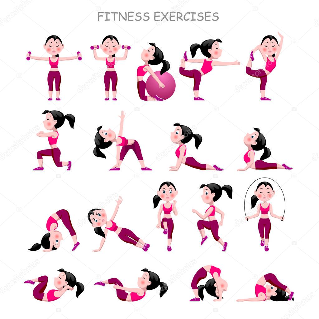 Cartoon girl in pink suit doing fitness exercises isolated on wh