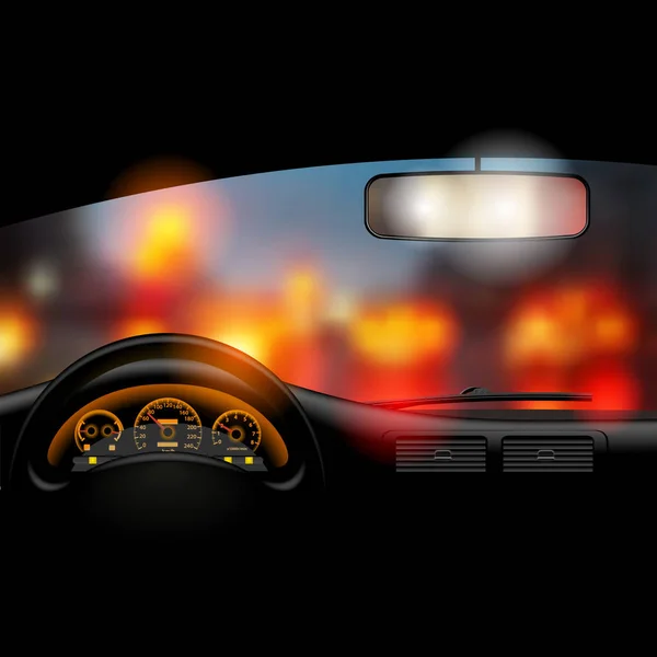 Visa från inne i bilen i natt city lights bakgrunden — Stock vektor