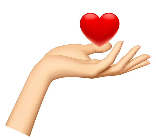 Frauenhand mit rotem Herz auf weißem Hintergrund — Stockvektor