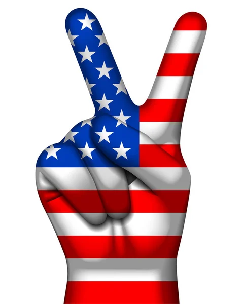 Zafer sembolü ve insan eli Amerikan bayrağı. V şekli el zekâ — Stok Vektör