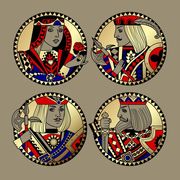 Formes rondes avec visages de personnages de cartes à jouer — Image vectorielle