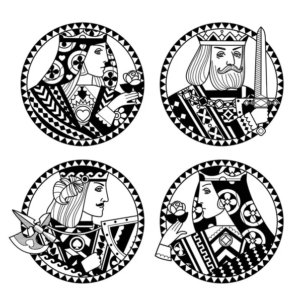 Formas redondas com rostos de personagens de cartas de jogo em preto e — Vetor de Stock